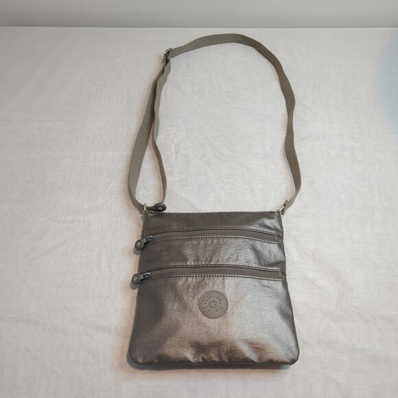 KIPLING Live Light Bag Triple Zip Top Metallic Silver Crossbody Messenger Purse - Picture 1 of 13